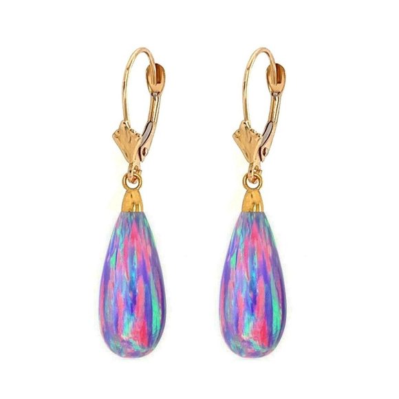 14K Yellow Gold Teardrop Purple Fire Opal Leverback Dangle Earring 1.5
